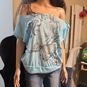 Rhinestone Embelished Sky Blue Off-Shoulder Butterfly Blouse